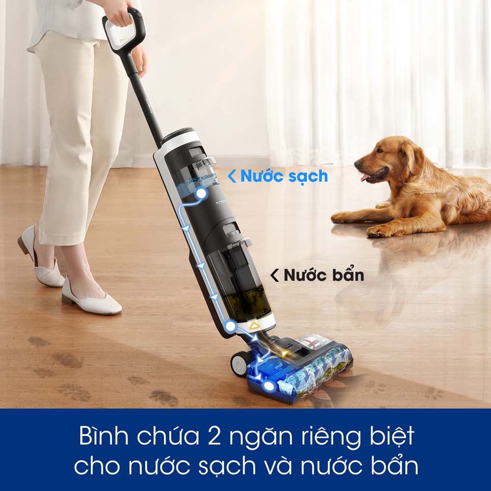 Máy được trang bị 2 bình chứa nước sạch và nước bẩn riêng biệt